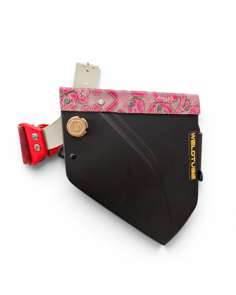 READY TO SHIP – LowPRO FLAMINGO Chopped Welding Helmet | Smoked Pink Floral Leather Top w/Alpha Strap