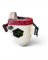 READY TO SHIP – Slim CHERRY F. Chopped Pipeliner Welding Helmet | Cherry Red Floral Leather Top w/Alpha Strap Headgear and Flip-Front Adapter