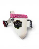 READY TO SHIP – Slim HOTLINE Chopped Pipeliner Welding Helmet | Hot Pink Floral Leather Top w/Alpha Strap and Flip-Front Adapter