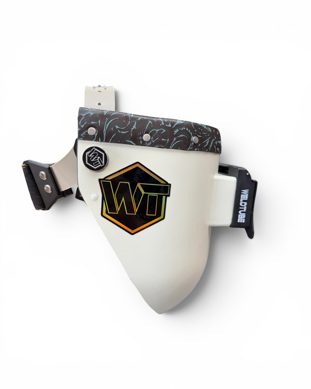 READY TO SHIP – Slim TEAL F. Chopped Pipeliner Welding Helmet | Teal Black Floral Leather Top w/Alpha Strap Headgear and Flip-Front Adapter
