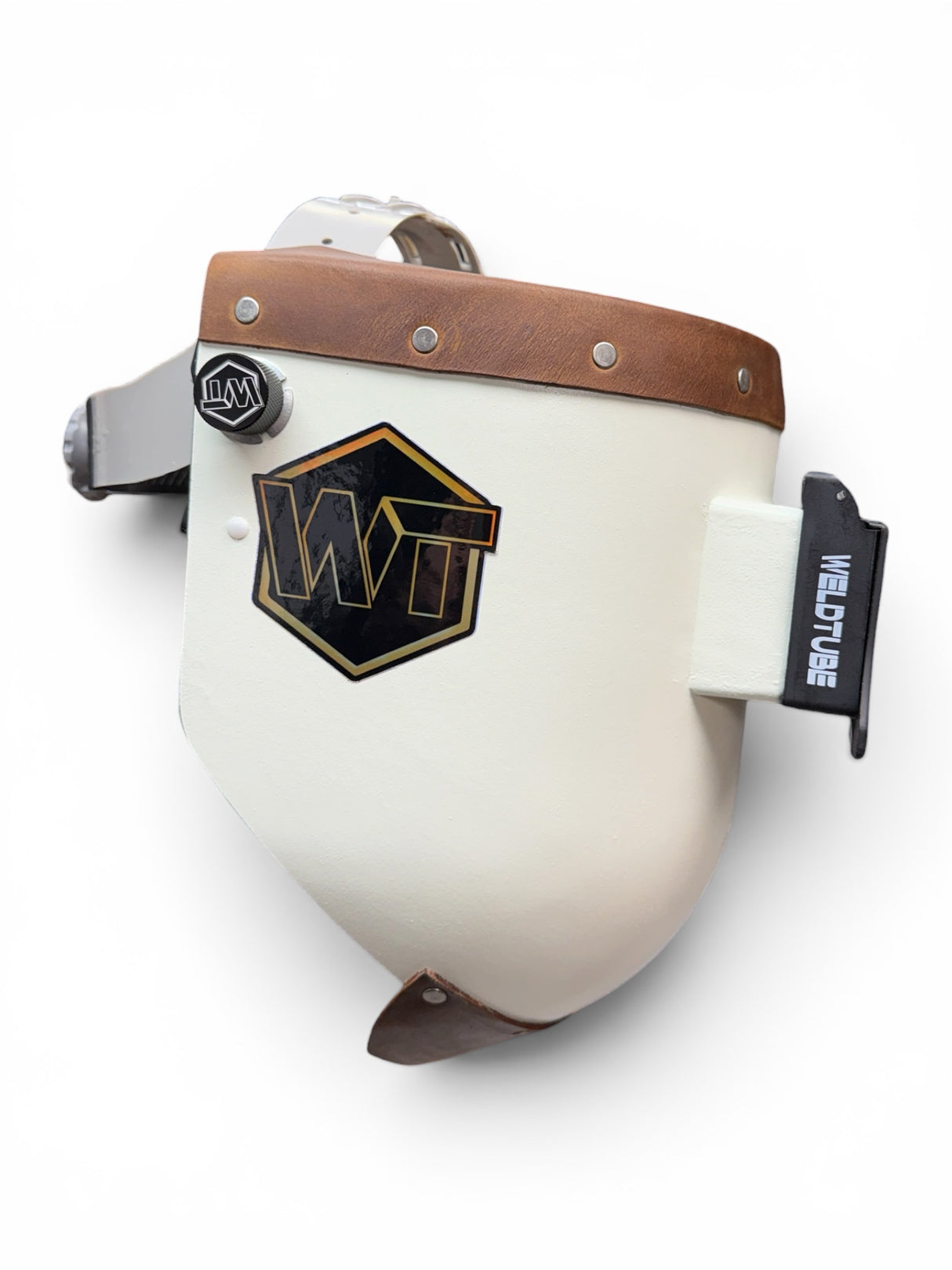 Chopped Leather Top PIPELINER Welding Helmet, MEDIUM CUT Bottom with GOATEE BIB, Aluminum Fasteners & High Visibility Lens