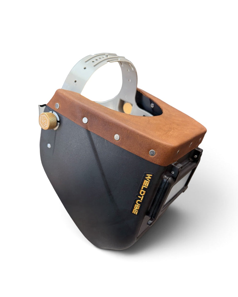 READY TO SHIP – Chopped Futura Welding Hood | Brown Leather Top