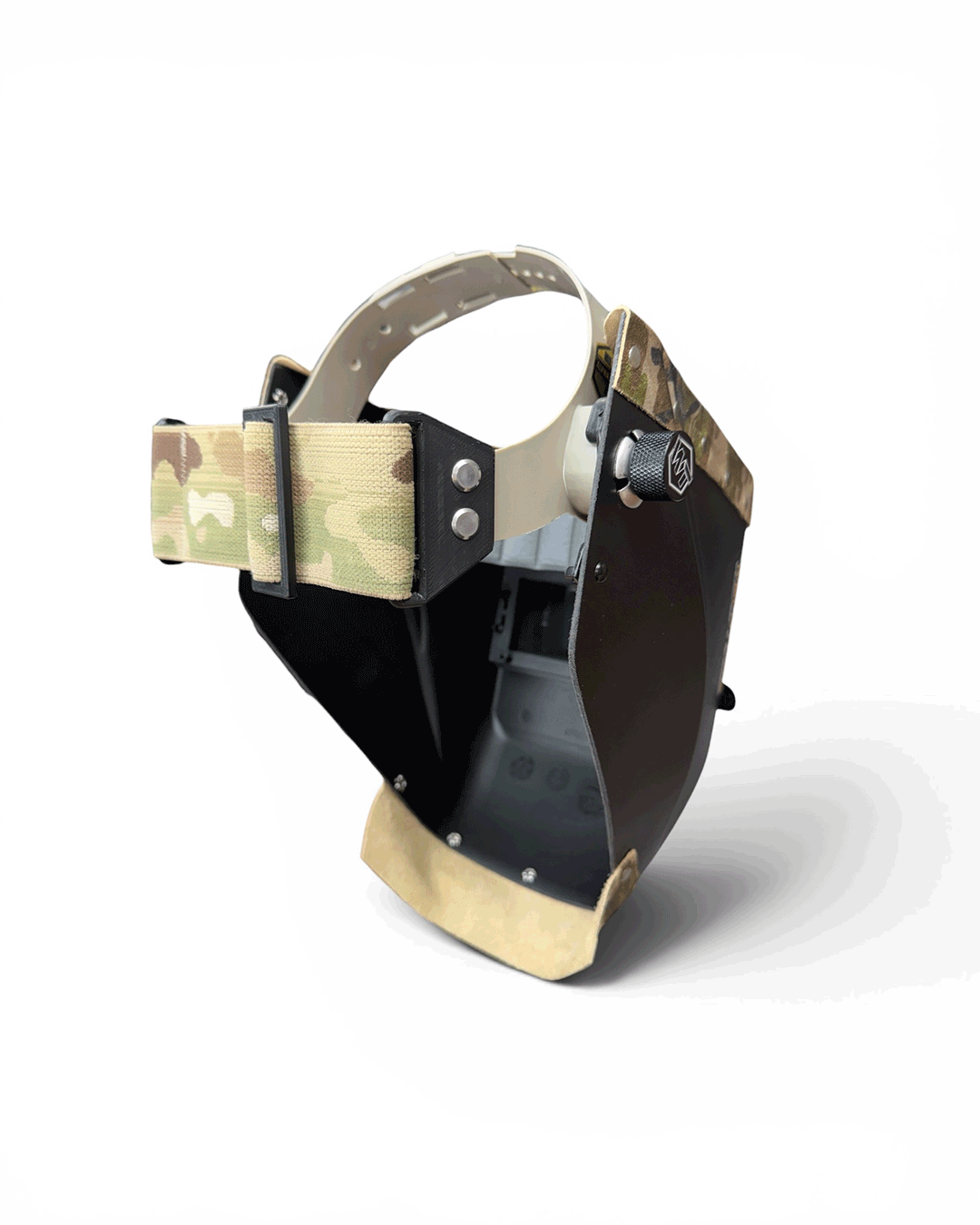 READY TO SHIP – LowPRO SOLO Chopped Welding Helmet | Camo Suede Leather Top & Goatee w/Alpha Strap