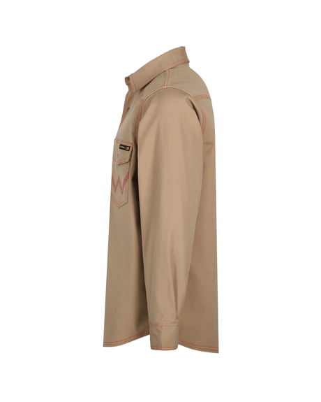 BOCOMAL Flame Resistant (FR) Heavyweight Shirt, 98% Cotton and 2% Spandex, Khaki Color With Orange Stitching