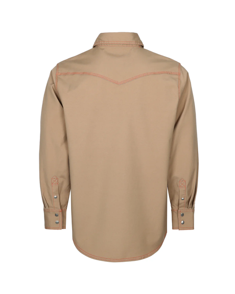 BOCOMAL Flame Resistant (FR) Heavyweight Shirt, 98% Cotton and 2% Spandex, Khaki Color With Orange Stitching