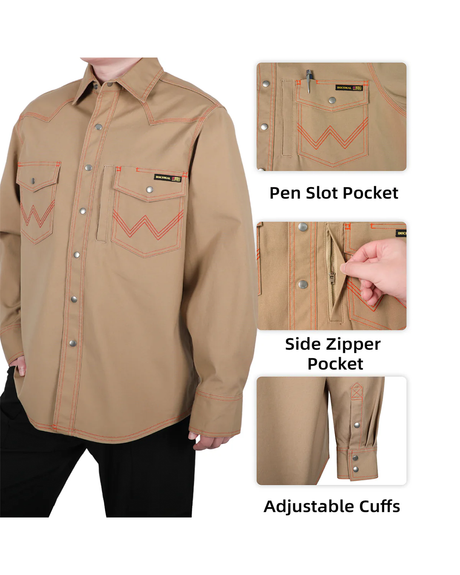 BOCOMAL Flame Resistant (FR) Heavyweight Shirt, 98% Cotton and 2% Spandex, Khaki Color With Orange Stitching
