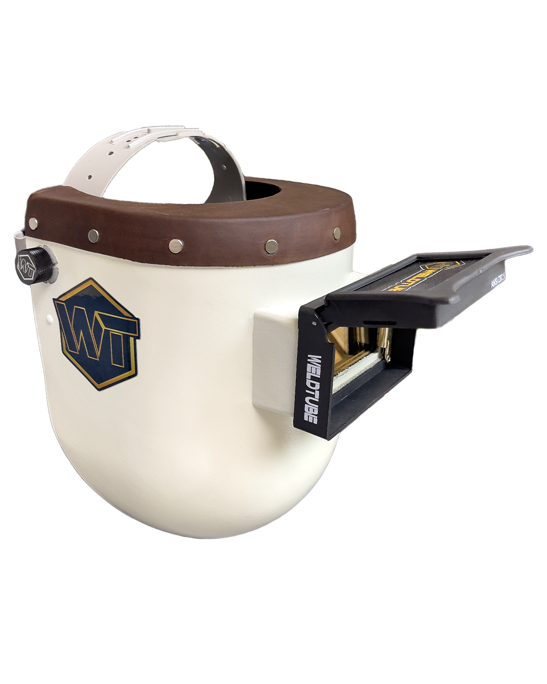 Chopped Leather Top PIPELINER Welding Helmet, NO-CUT Bottom with Aluminum Fasteners & High Visibility Lens