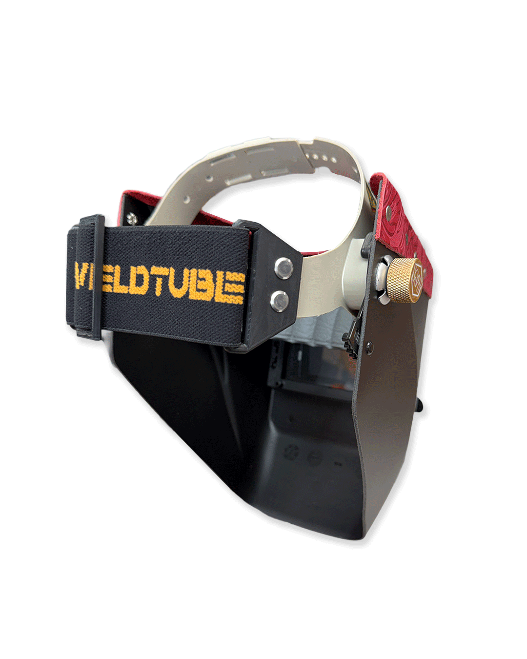 READY TO SHIP – LowPRO REDRUM Chopped Welding Helmet | Cherry Red Floral Leather Top w/Weldtube Alpha Strap