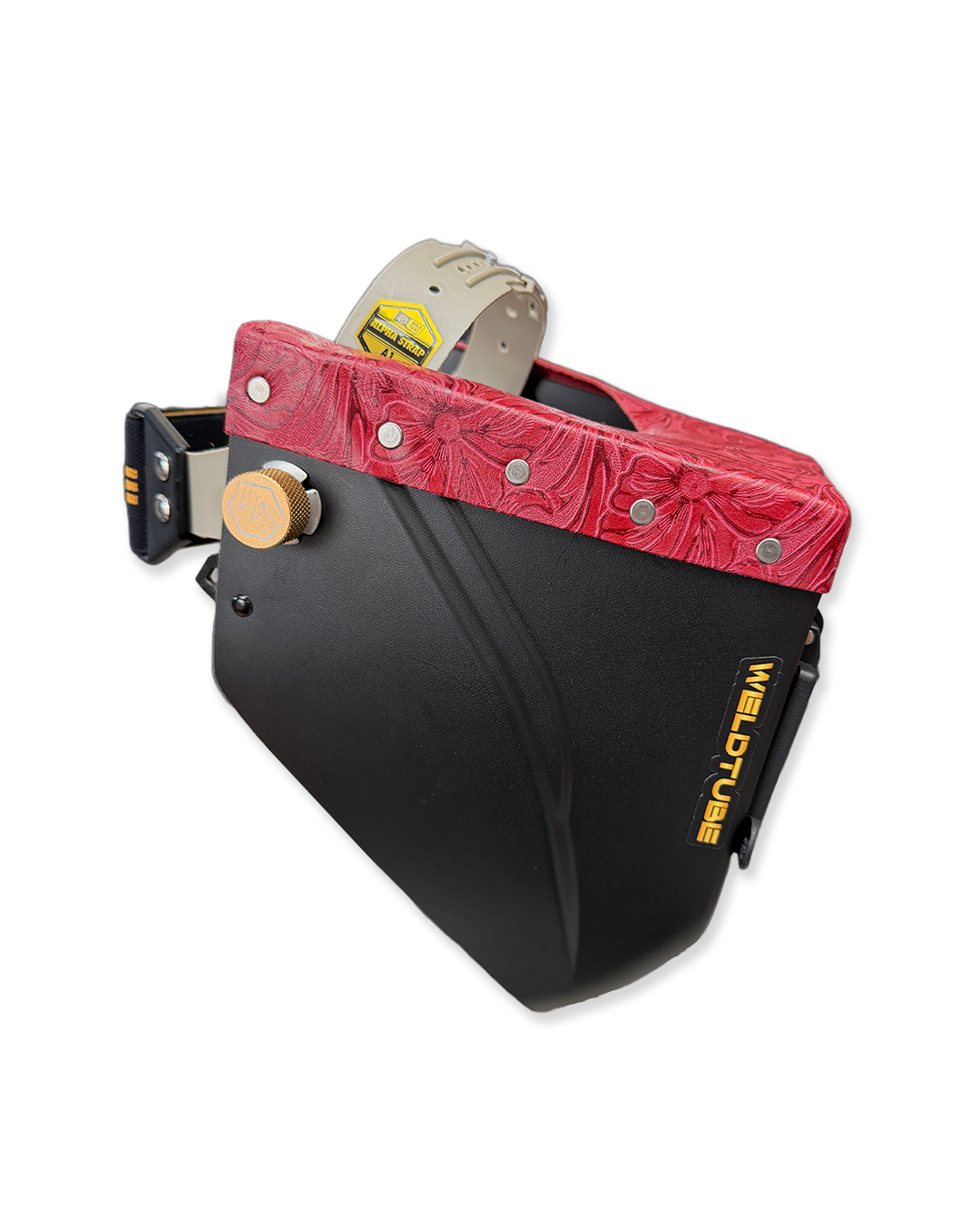 READY TO SHIP – LowPRO REDRUM Chopped Welding Helmet | Cherry Red Floral Leather Top w/Weldtube Alpha Strap