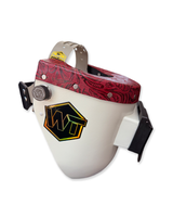 READY TO SHIP – Slim CHERRY F. Chopped Pipeliner Welding Helmet | Cherry Red Floral Leather Top w/Alpha Strap Headgear and Flip-Front Adapter