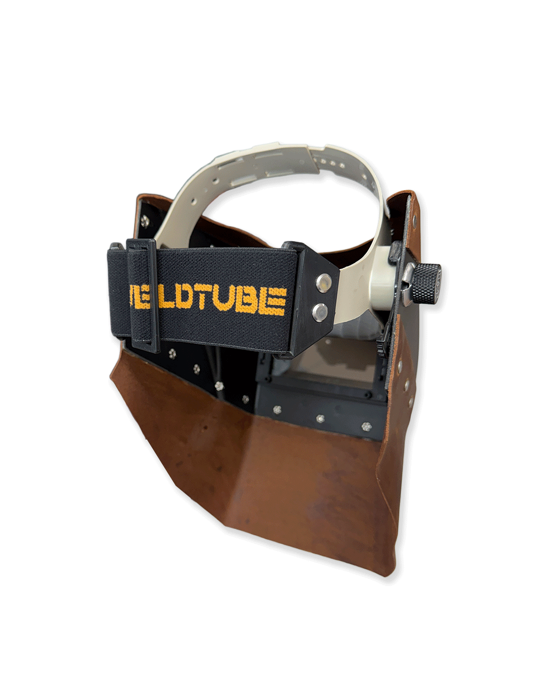 READY TO SHIP – LowPRO CRAZY HORSE Chopped Welding Helmet | Brown Leather Top & Bottom w/Weldtube Alpha Strap Headgear
