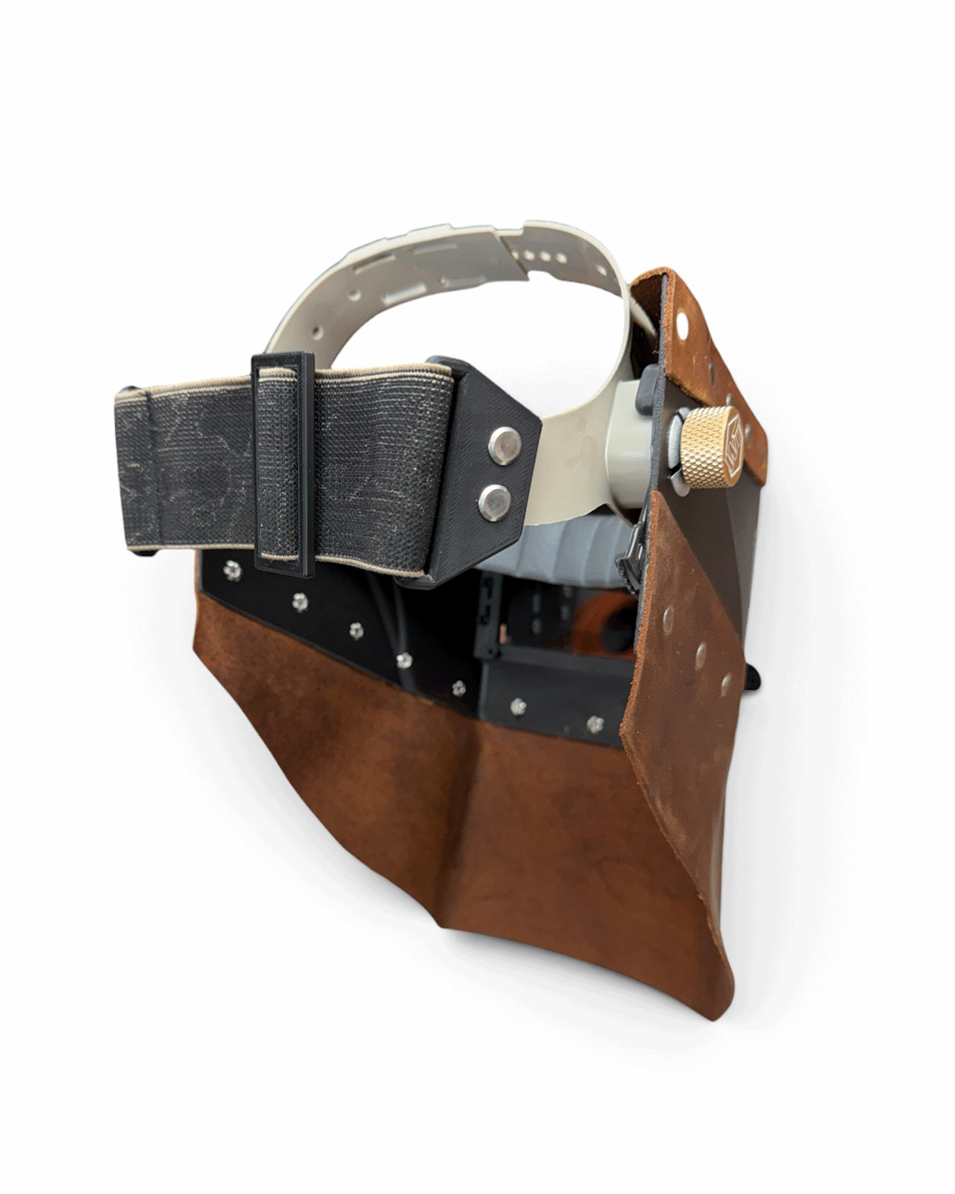 READY TO SHIP – LowPRO CRAZY HORSE Chopped Welding Helmet | Brown Leather Top & Bottom w/Al[ha Strap Headgear