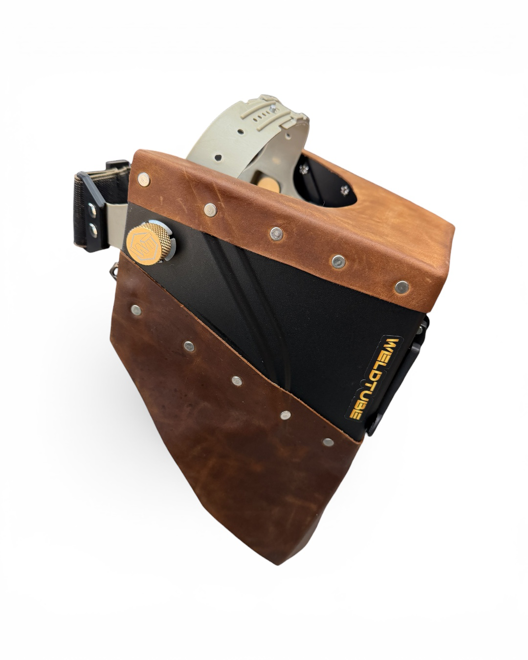 READY TO SHIP – LowPRO CRAZY HORSE Chopped Welding Helmet | Brown Leather Top & Bottom w/Al[ha Strap Headgear
