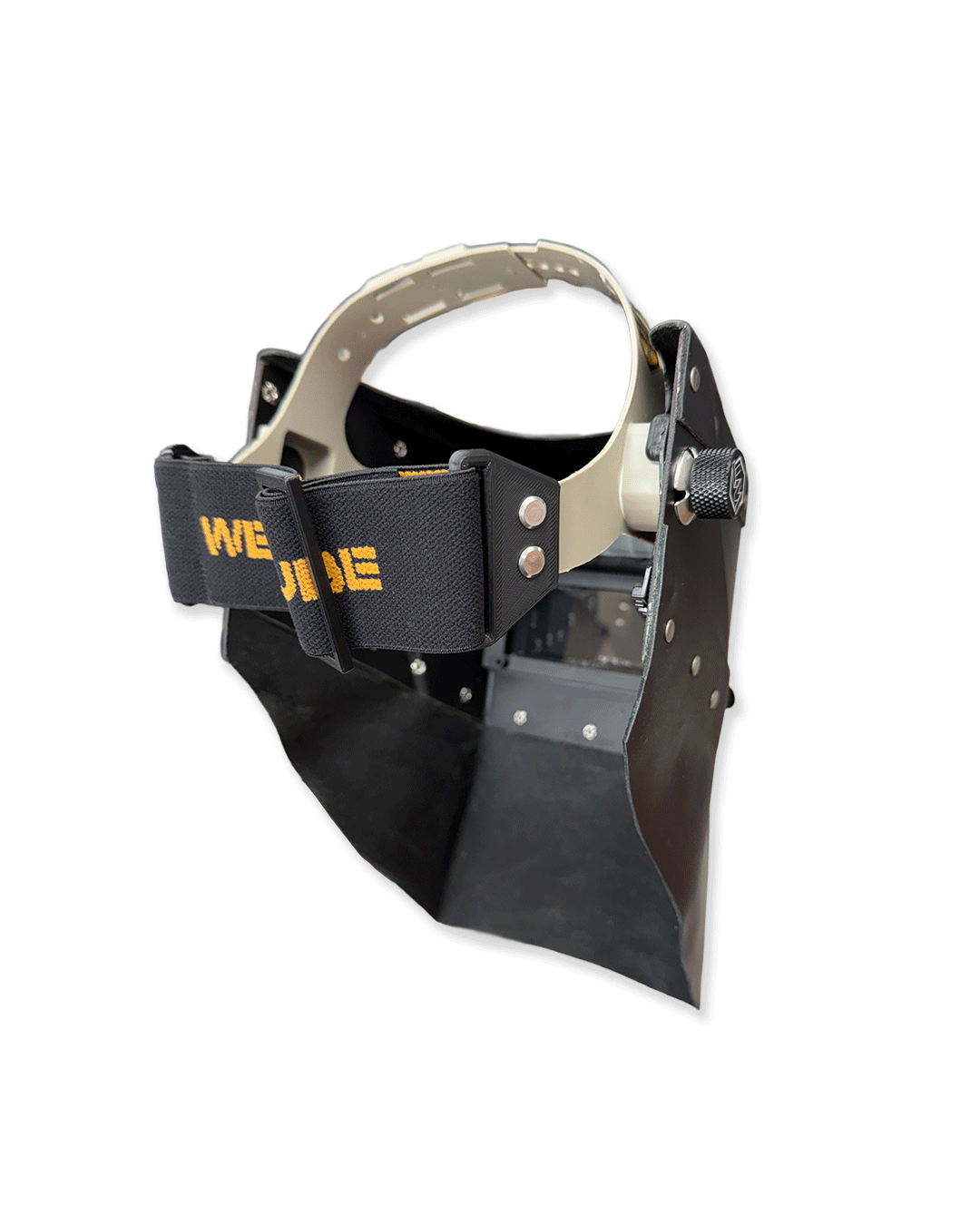 READY TO SHIP – LowPRO DARKSIDE Chopped Welding Hood | Black Leather Top & Bottom w/Weldtube Alpha Strap Headgear