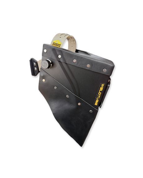 READY TO SHIP – LowPRO DARKSIDE Chopped Welding Hood | Black Leather Top & Bottom w/Weldtube Alpha Strap Headgear