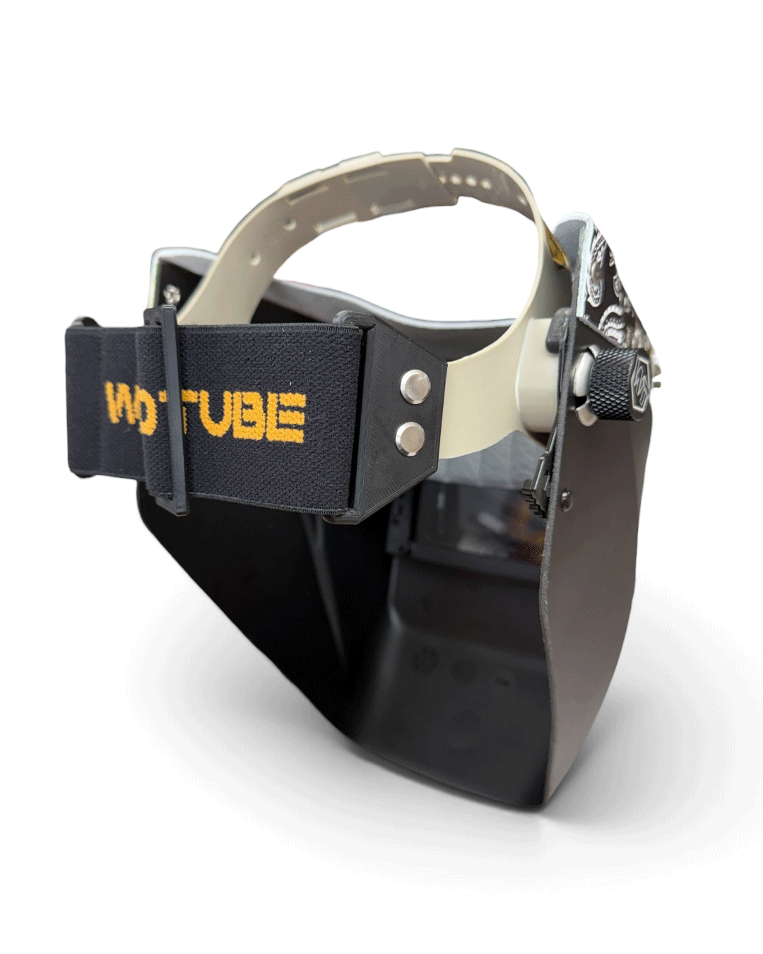 READY TO SHIP – LowPRO VANDAL Chopped Welding Helmet | Black Paisley Leather Top w/Weldtube Strap Headgear