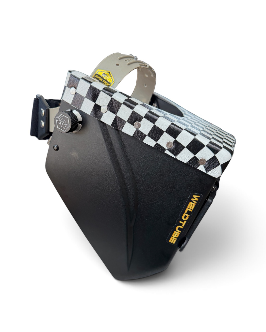 READY TO SHIP – LowPRO ICON Chopped Welding Helmet | Checkered Leather Top w/Weldtube Strap Headgear