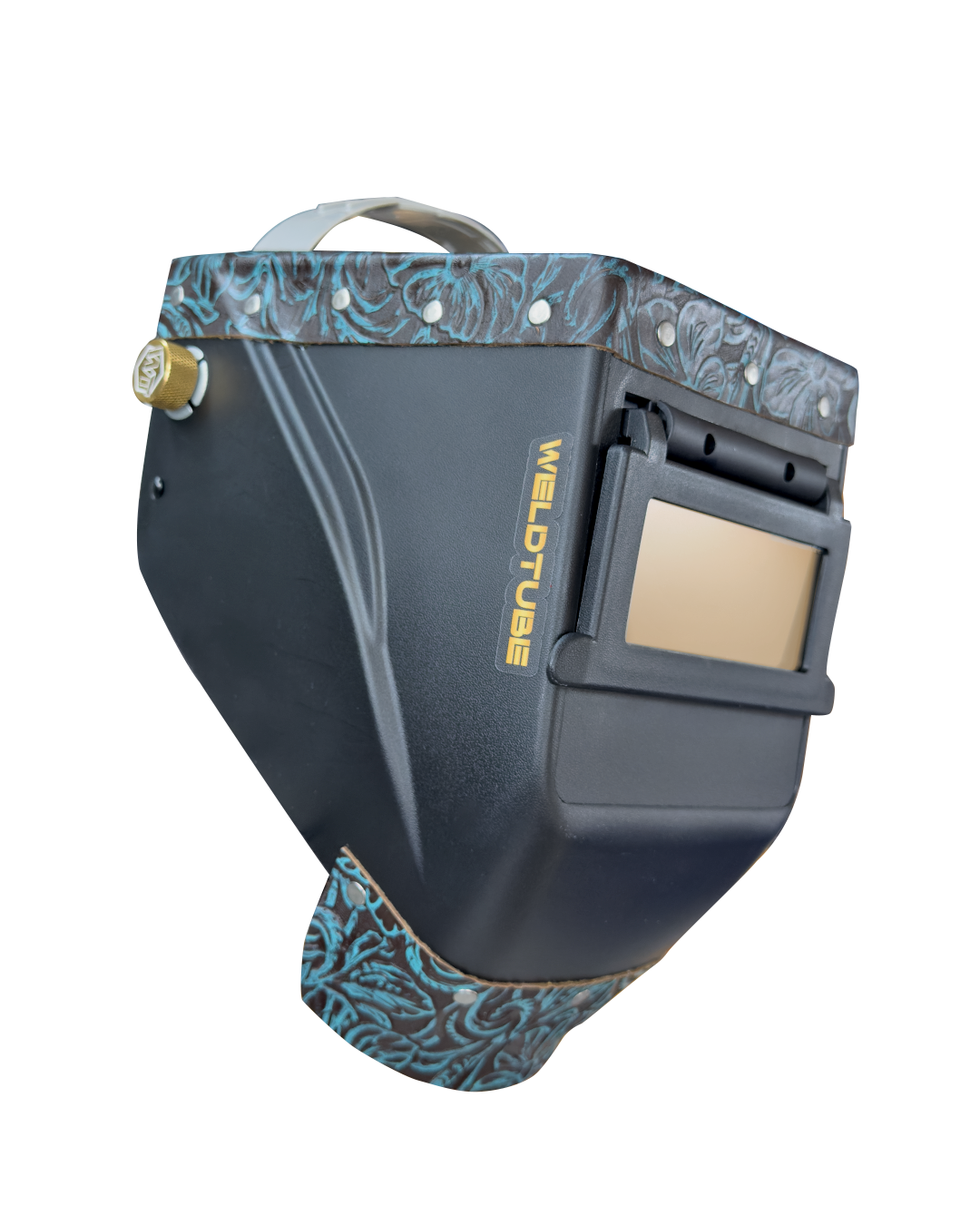 Chopped Leather Top LOWPRO Welding Helmet WITH FIBRE-METAL HEADGEAR, GOATEE BIB, Aluminum Fasteners & High Visibility HD Lens