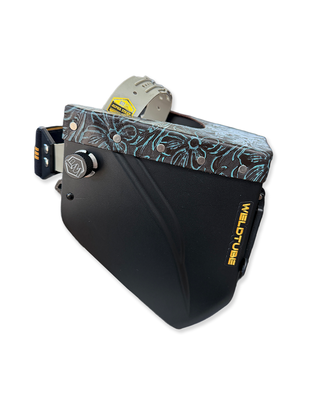 READY TO SHIP – LowPRO APOLLO Chopped Welding Helmet | Teal Black Floral Leather Top w/Weldtube Alpha Strap