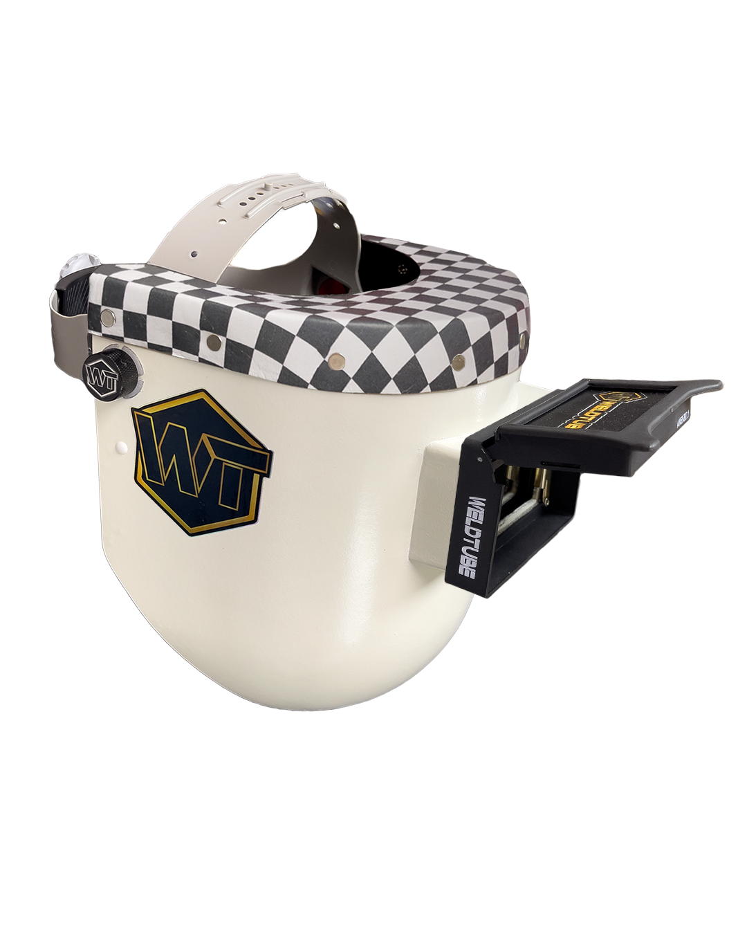 Chopped Leather Top PIPELINER Welding Helmet, MEDIUM CUT Bottom with Aluminum Fasteners & High Visibility Lens