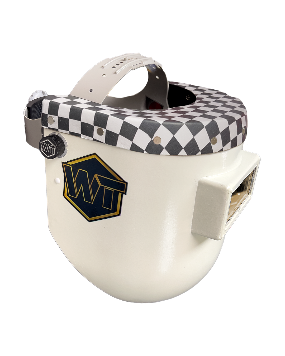 Chopped Leather Top PIPELINER Welding Helmet, MEDIUM CUT Bottom with Aluminum Fasteners & High Visibility Lens