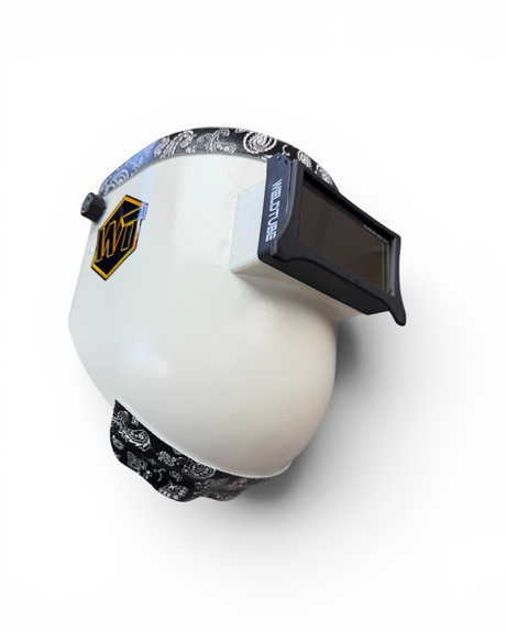 READY TO SHIP - Medium Chopped Pipeliner Welding Helmet | Black Paisley Leather Top & Goatee w/Flip-Front Adapter