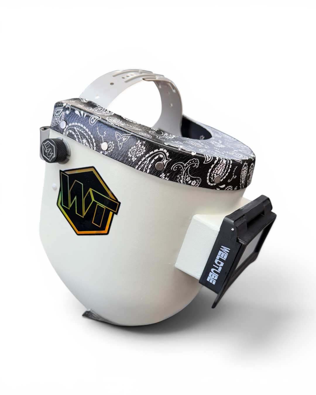 READY TO SHIP - Medium Chopped Pipeliner Welding Helmet | Black Paisley Leather Top & Goatee w/Flip-Front Adapter