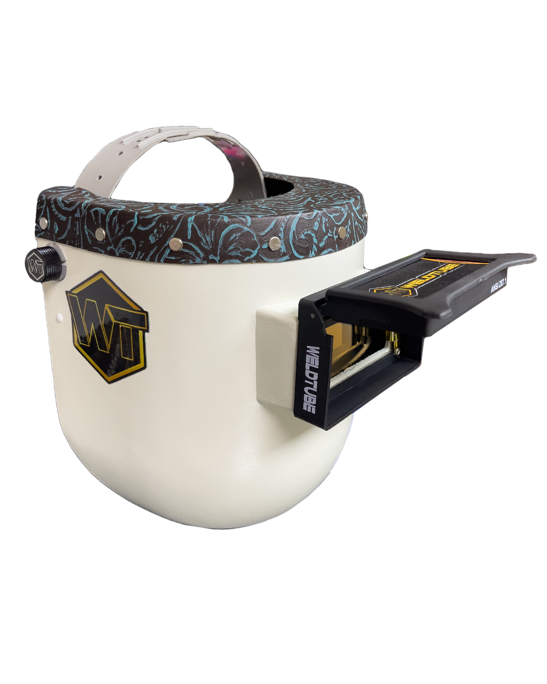Chopped Leather Top PIPELINER Welding Helmet, NO-CUT Bottom with Aluminum Fasteners & High Visibility Lens