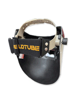 READY TO SHIP – Slim OxBLOOD F. Chopped Pipeliner Welding Helmet | Oxblood Leather Top w/Weldtube Alpha Strap Headgear and Flip-Front Adapter