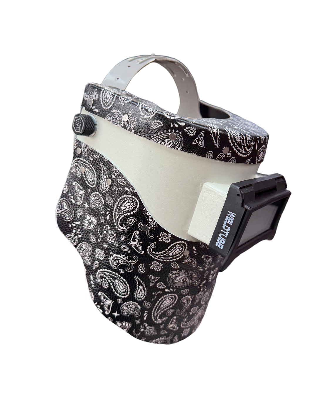 READY TO SHIP – Chopped Leather PIPELINER Welding Helmet | Black Paisley Leather Top & Bottom
