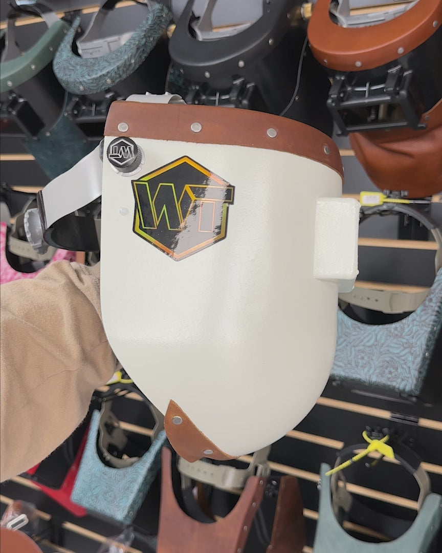 Chopped Leather Top PIPELINER Welding Helmet, NO CUT Bottom with GOATEE BIB, Aluminum Fasteners & High Visibility Lens