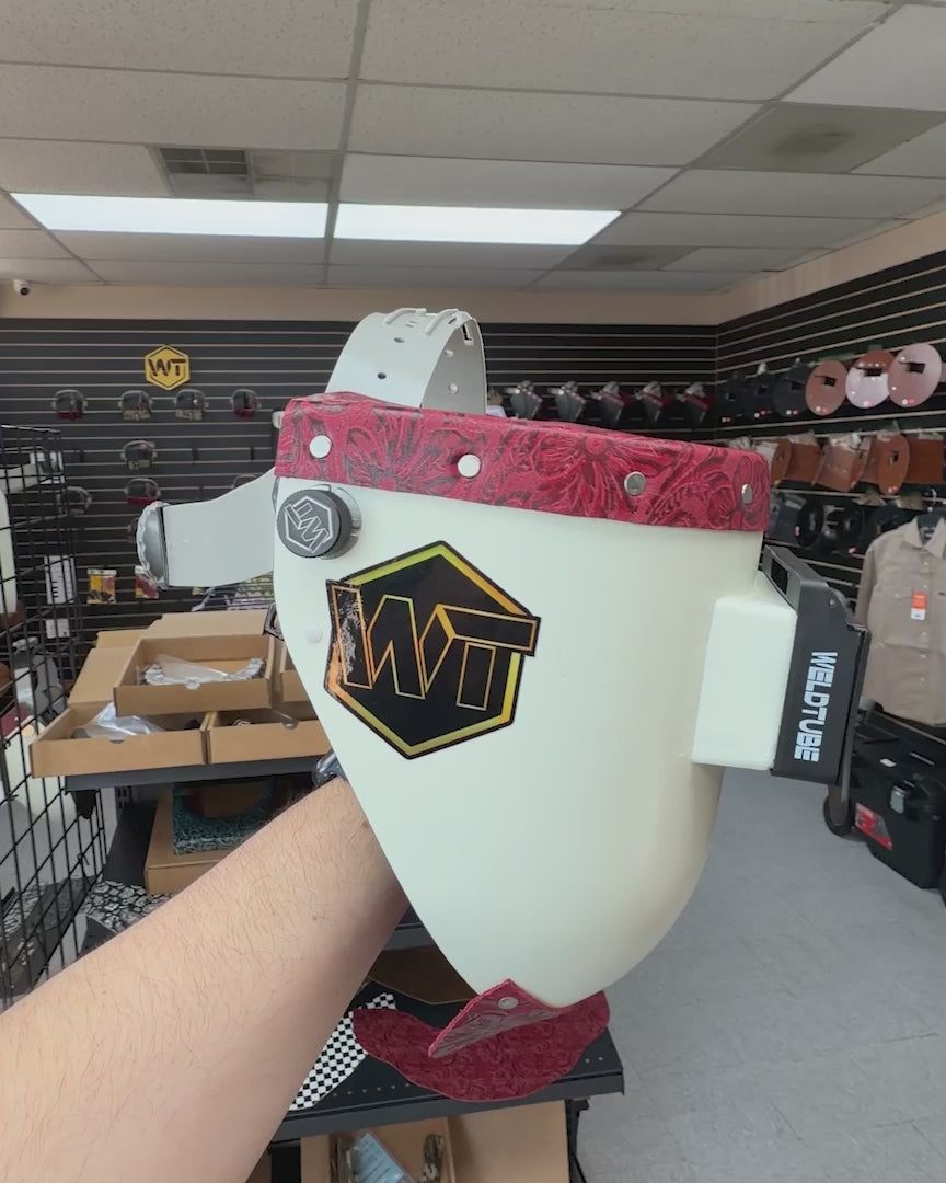 READY TO SHIP - Chopped Cherry Red Leather Top PIPELINER Welding Helmet, SLIM CUT Bottom with GOATEE BIB