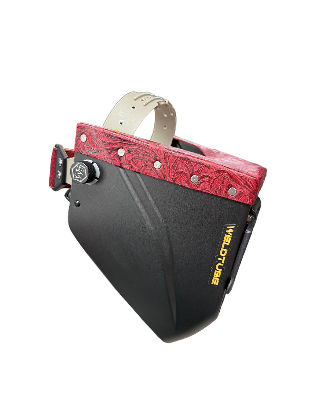 READY TO SHIP – LowPRO REDRUM Chopped Welding Helmet | Cherry Red Floral Leather Top w/Alpha Strap