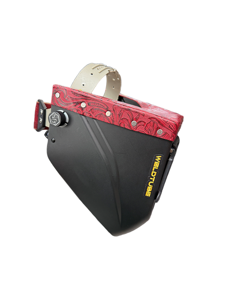 READY TO SHIP – LowPRO Alpha Chopped Welding Helmet | Cherry Red Floral Leather Top