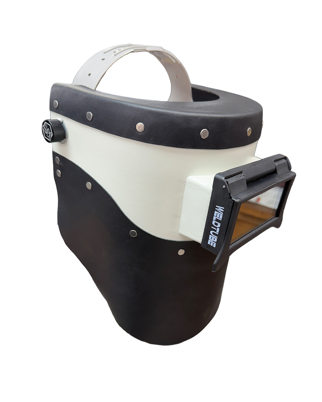 READY TO SHIP - Chopped Black Leather Top/Bottom PIPELINER Welding Helmet w/Flip-Front Adapter