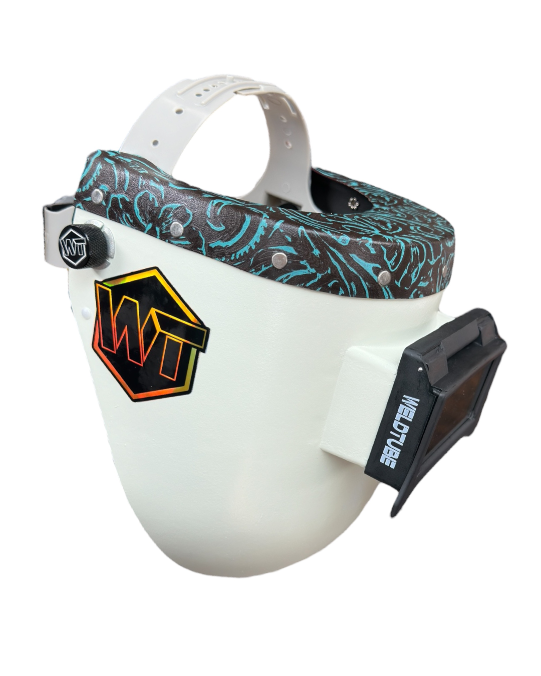 READY TO SHIP - Chopped Teal Black Leather Top PIPELINER Welding Helmet, SLIM CUT w/Flip-Front Adapter