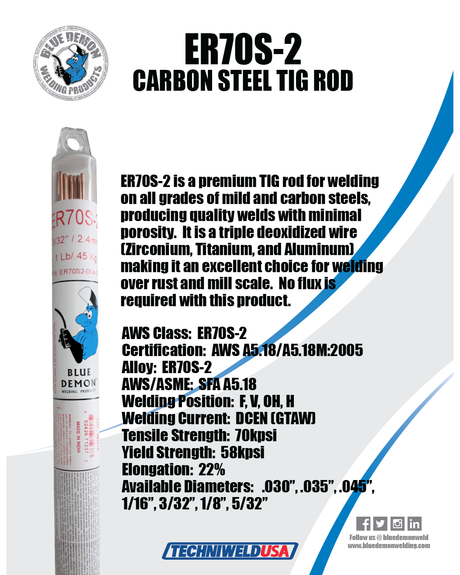 Blue Demon ER70S-2 Carbon Steel TIG Rods, 1 Lbs
