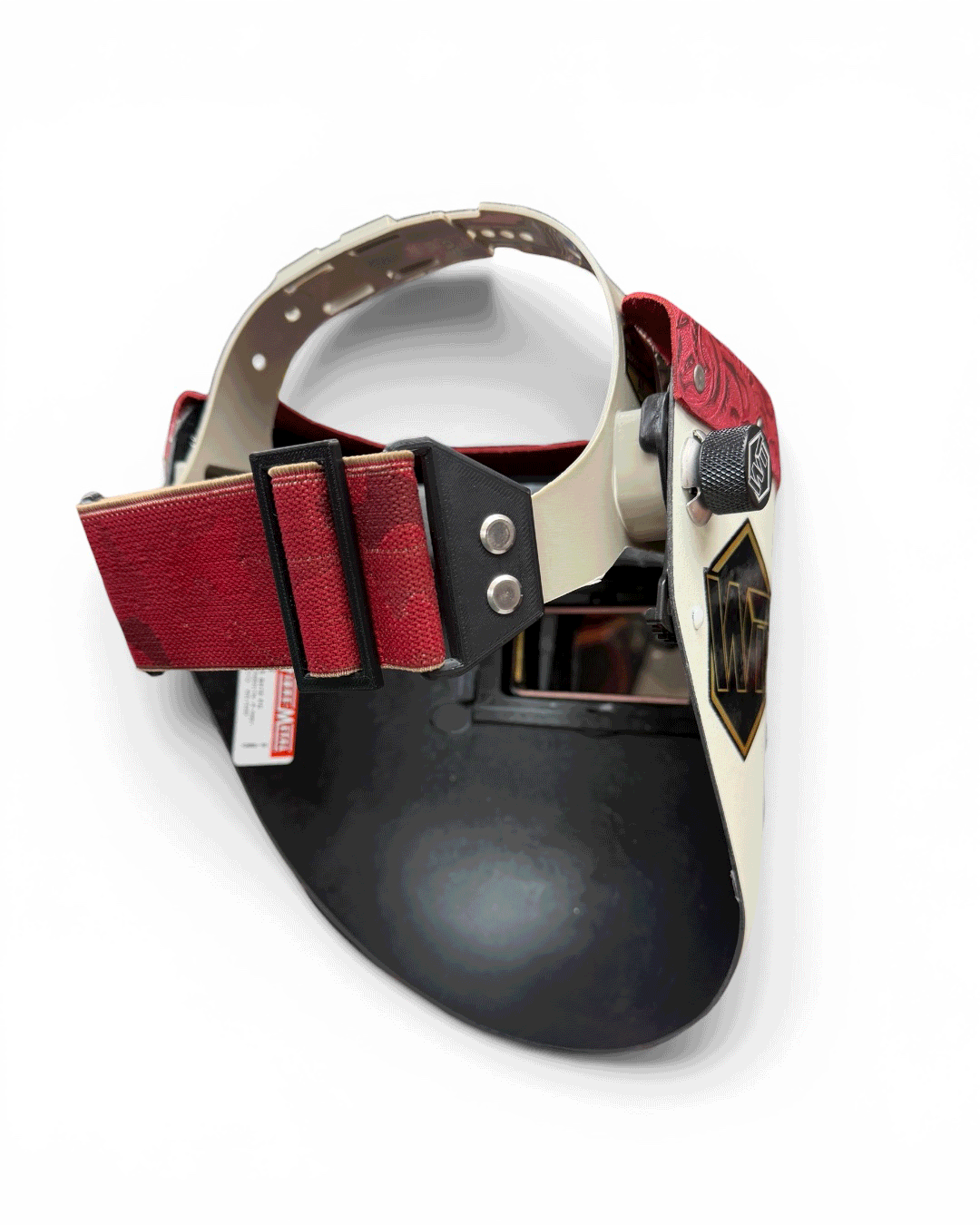 READY TO SHIP – Slim CHERRY F. Chopped Pipeliner Welding Helmet | Cherry Red Floral Leather Top w/Alpha Strap Headgear and Flip-Front Adapter