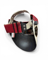 READY TO SHIP – Slim CHERRY F. Chopped Pipeliner Welding Helmet | Cherry Red Floral Leather Top w/Alpha Strap Headgear and Flip-Front Adapter