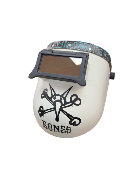 READY TO SHIP - Sticker Bombed Chopped Teal Black Leather Top PIPELINER Welding Helmet, SLIM CUT, Bones Brigade Decal