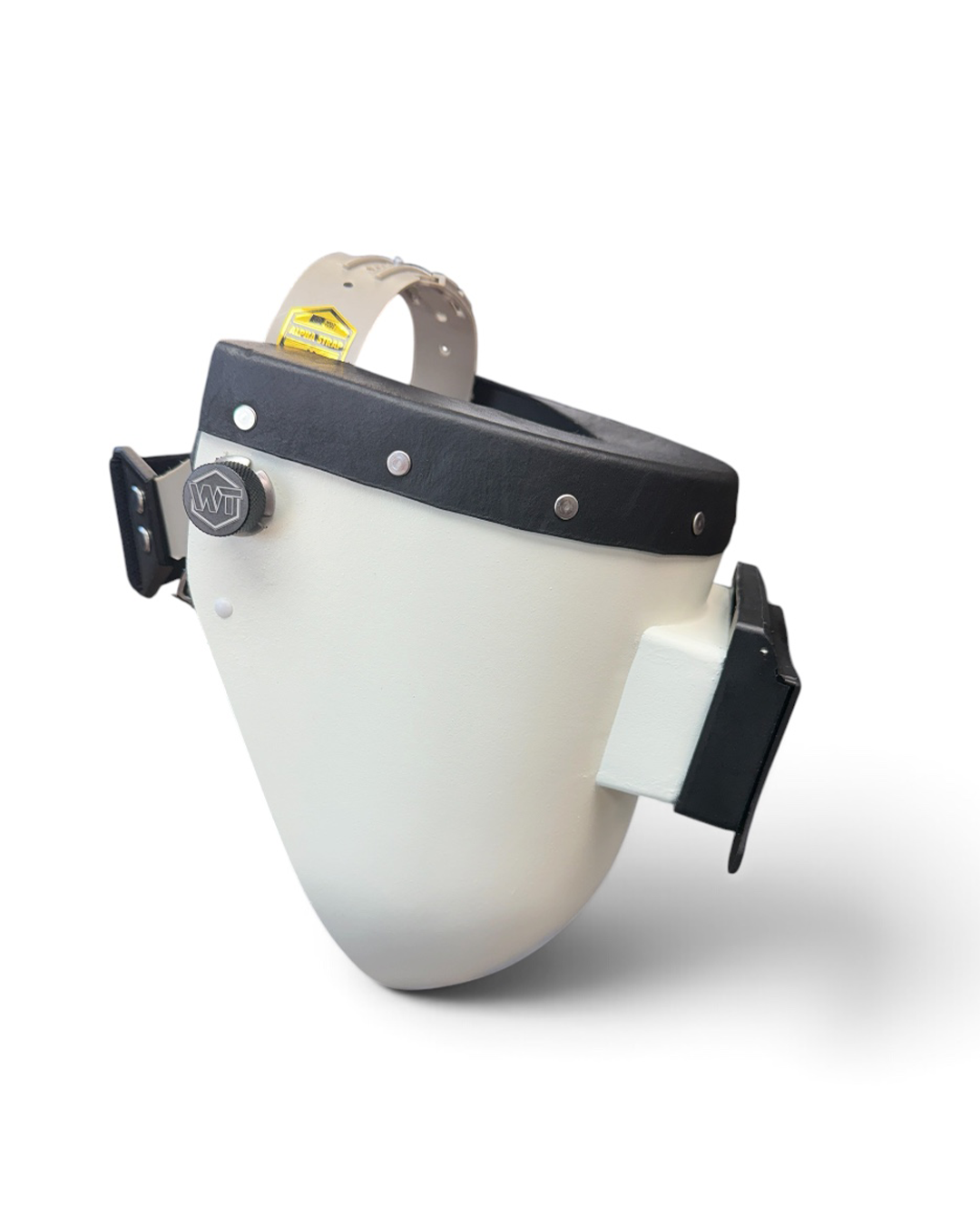 READY TO SHIP – Slim LOCUS F. Chopped Pipeliner Welding Helmet | Black Leather Top w/Weldtube Alpha Strap Headgear and Flip-Front Adapter
