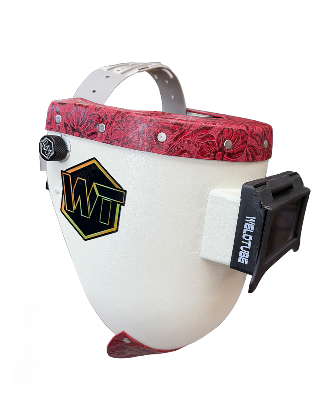 Chopped Leather Top PIPELINER Welding Helmet, SLIM CUT Bottom with GOATEE BIB, Aluminum Fasteners & High Visibility Lens