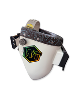 READY TO SHIP – Slim TEAL F. Chopped Pipeliner Welding Helmet | Teal Black Floral Leather Top w/Weldtube Alpha Strap Headgear and Flip-Front Adapter