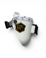 READY TO SHIP – Slim WHITE PAISLEY F. Chopped Pipeliner Welding Helmet | Cherry Red Floral Leather Top w/Alpha Strap Headgear and Flip-Front Adapter