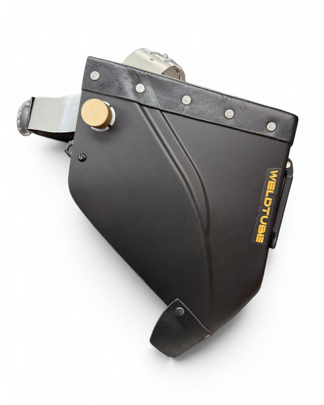 Chopped Leather Top LOWPRO Welding Helmet WITH FIBRE-METAL HEADGEAR, GOATEE BIB, Aluminum Fasteners & High Visibility HD Lens