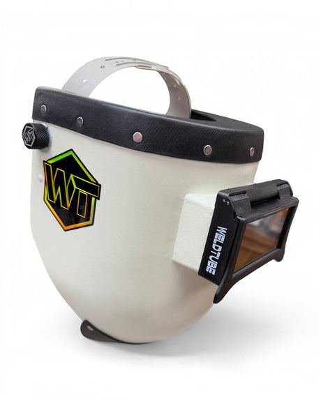 Chopped Leather Top PIPELINER Welding Helmet, MEDIUM CUT Bottom with GOATEE BIB, Aluminum Fasteners & High Visibility Lens
