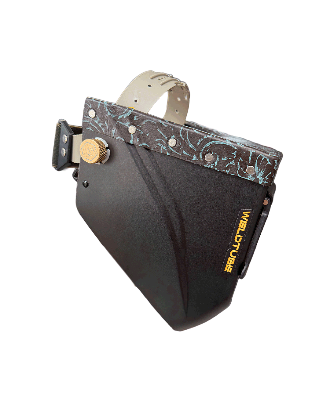 READY TO SHIP – LowPRO Alpha Chopped Welding Helmet | Teal Black Floral Leather Top