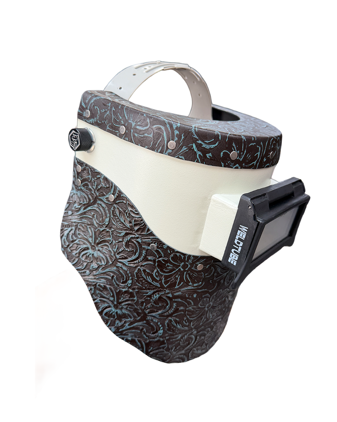 READY TO SHIP – Chopped Leather PIPELINER Welding Helmet | Teal Black Floral Leather Top & Bottom