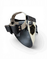 READY TO SHIP – Slim TEAL F. Chopped Pipeliner Welding Helmet | Teal Black Floral Leather Top w/Alpha Strap Headgear and Flip-Front Adapter