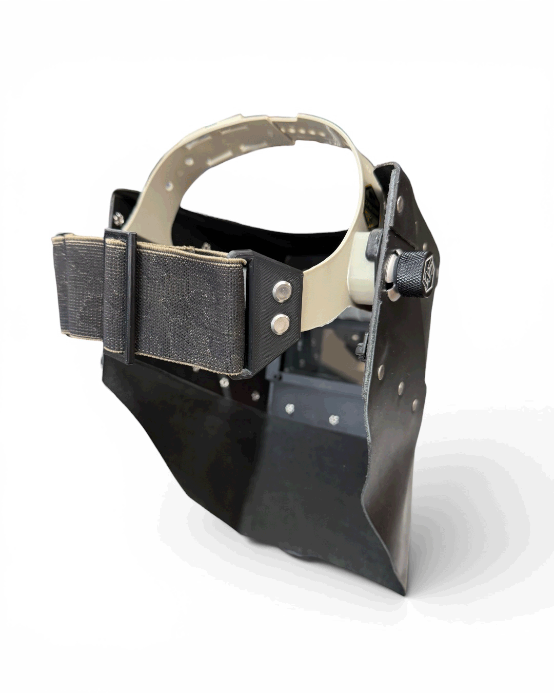 READY TO SHIP – LowPRO DARKSIDE Chopped Welding Hood | Black Leather Top & Bottom w/Alpha Strap Headgear